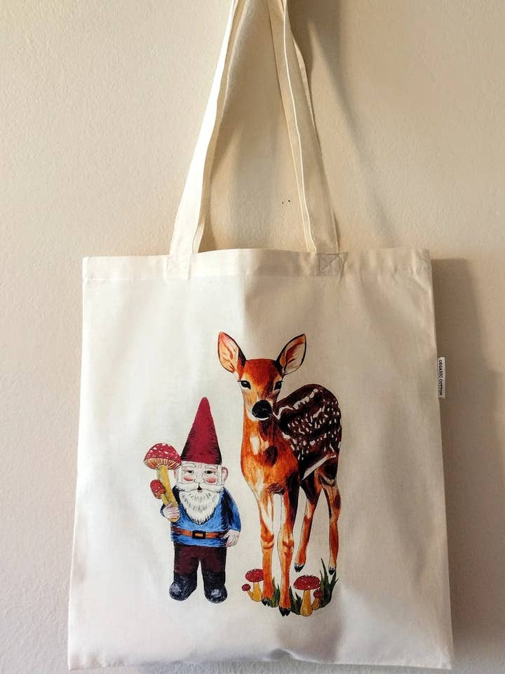 Mushroom Gnome and Fawn Friend Cottagecore Canvas Tote Bag for wholesale by Tarasance