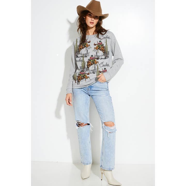 Phil Love - Wholesale Graphic Sweatshirt - Women's - Cowboy santa print french terry sweatshirt