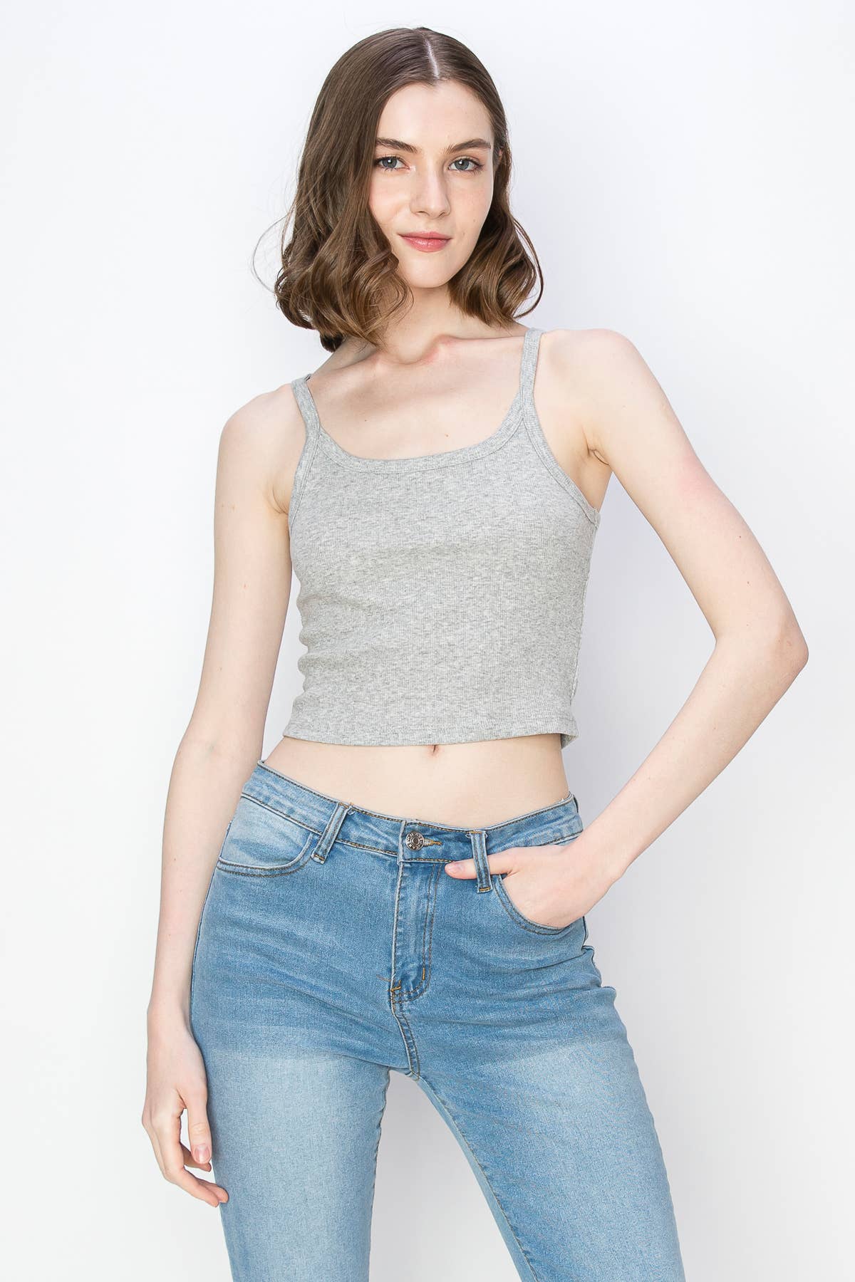 Color 5 - Vente Débardeur – femme - Débardeur spaghetti court en coton côtelé et élasthanne de couleur unie2