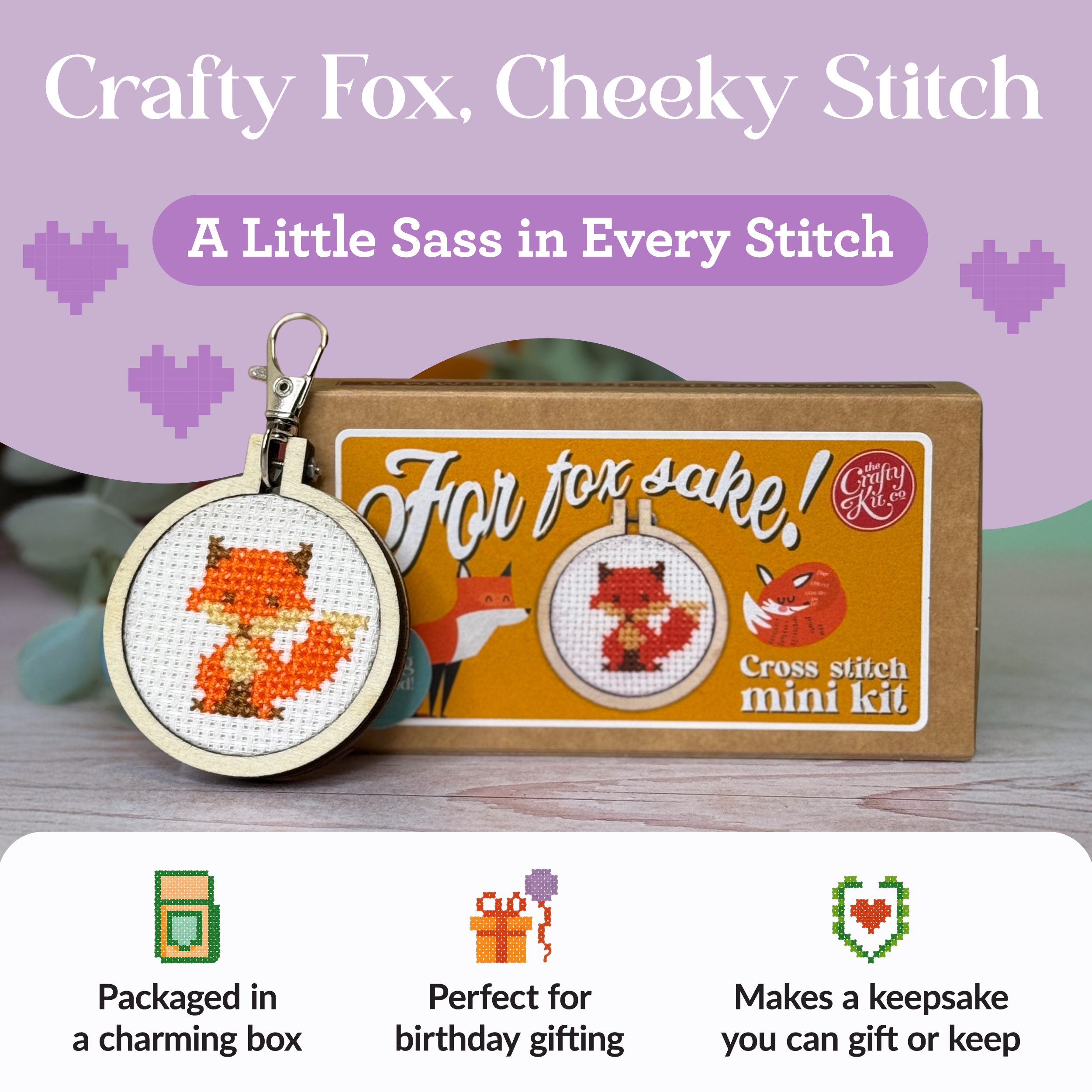The Crafty Kit Company - Wholesale Embroidery/Cross Stitch Supplies - 'For Fox Sake!' Mini Matchbox Cross Stitch Kit1