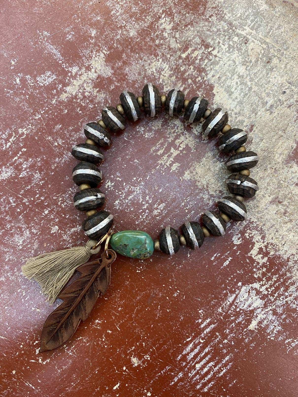 J.Forks Designs - Wholesale Beaded Bracelet - 13662-41 Wood/Slv w/Turquoise Stacker Bracelet1