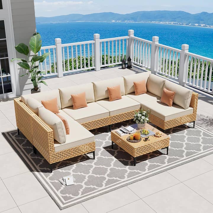 110 Inch Large 7 Piece Wicker Outdoor Patio Set Beige Cushions for wholesale by ShipItFurniture