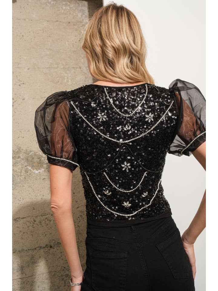 BLACK 34865T - Sequin Embellished Rhinestone Top for wholesale on Faire