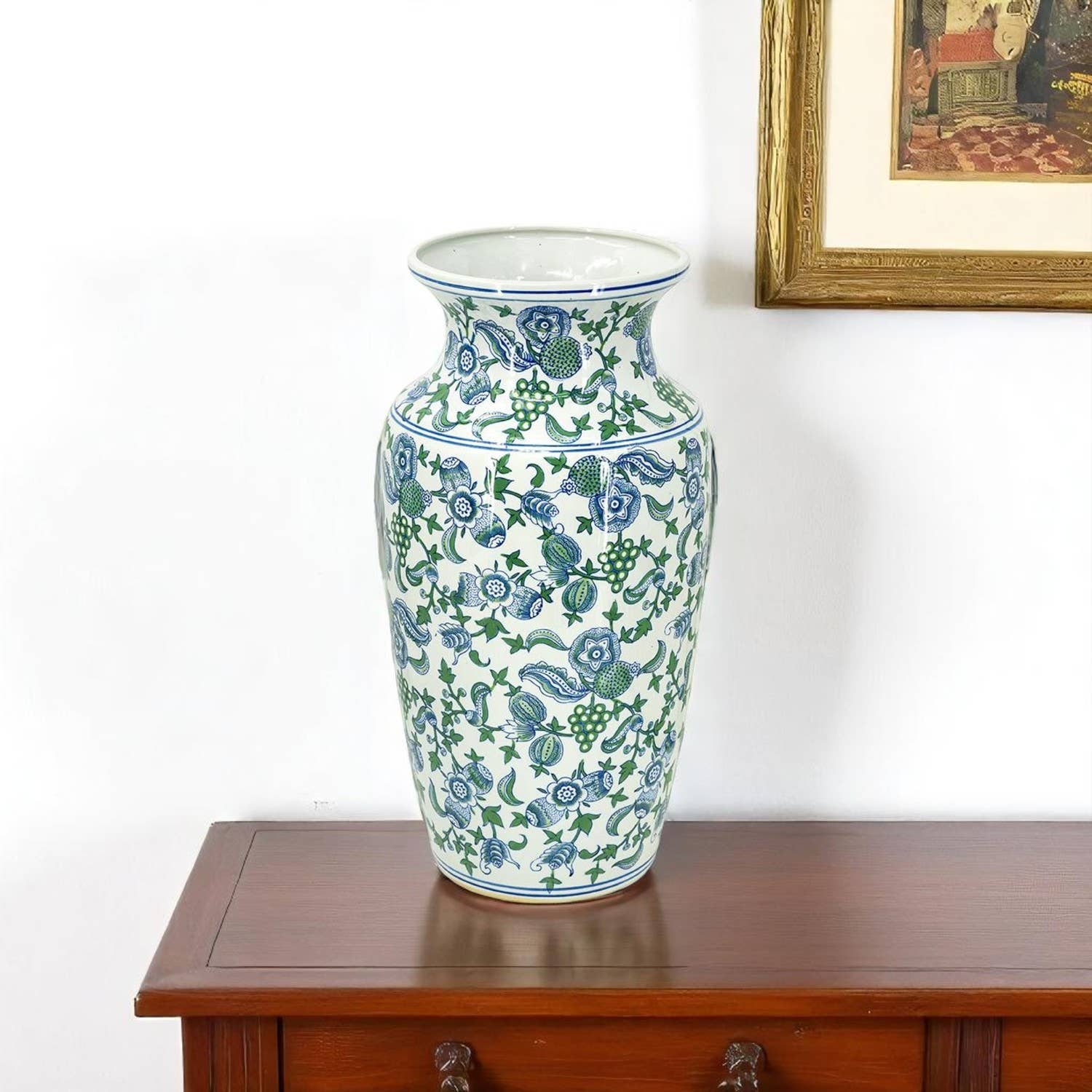 HomeRoots - Vente Vases - Vase de table en porcelaine chinoiserie blanc, bleu et vert de 24 pouces1