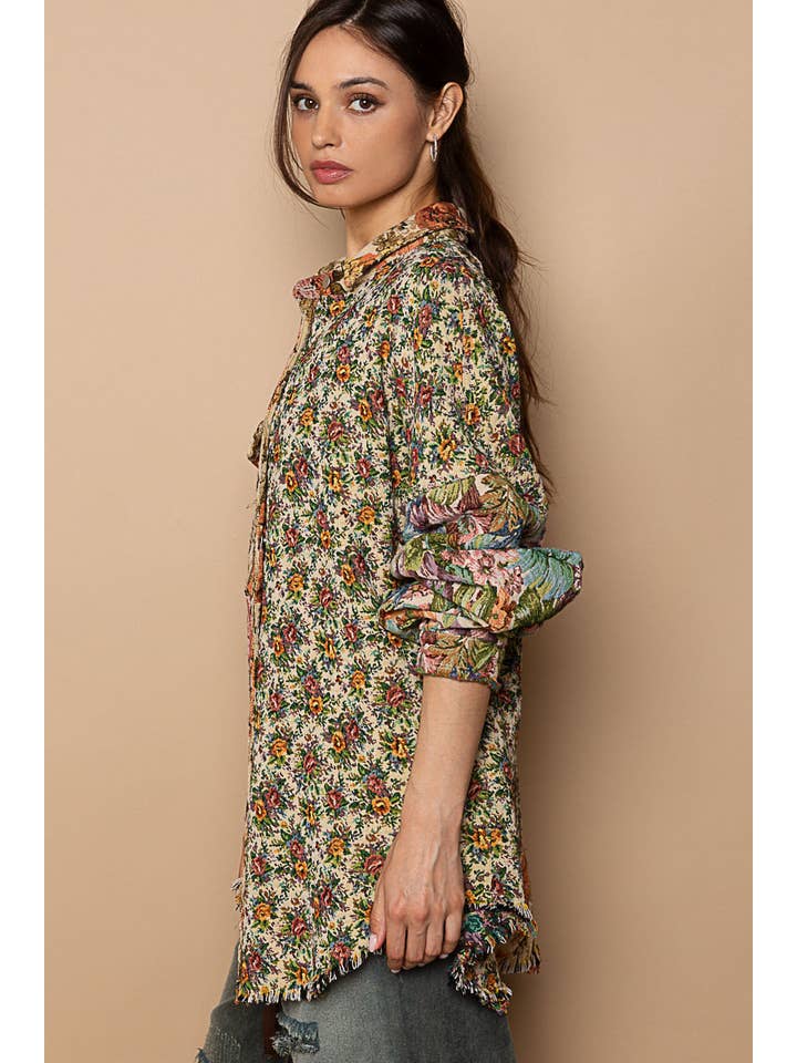 ORANGE MULTI Vintage wash floral pattern jacquard shacket for wholesale on Faire