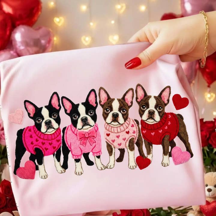 Valentine Boston Terriers Shirt - Pink Heart Sweaters Dog Lover Valentine's Day Tee for wholesale by Midwest Prints