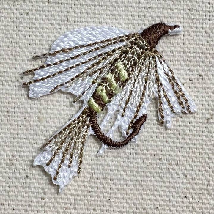 Small Fishing Fly - White/Brown - Lure - Bait - Iron on Applique - Embroidered Patch - 697349-A for wholesale by Wholesale Applique