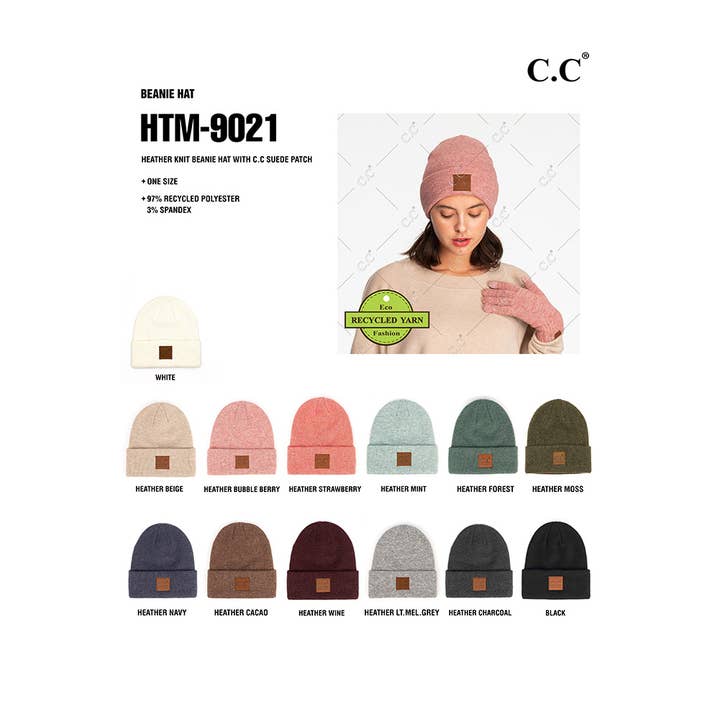 Hana - Wholesale Beanie - Women's - C.C Heather Knit Suede Patch Beanie Winter Hat14