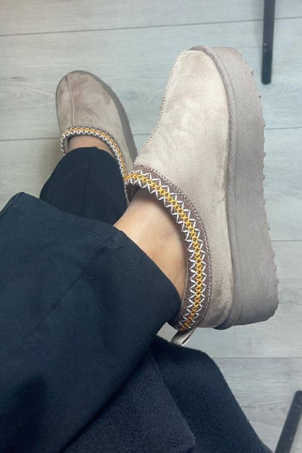 CAMEL TAUPE PLATFORM SLIPPERS FAUX FUR LINED ANKLE BOOTS for wholesale on Faire2