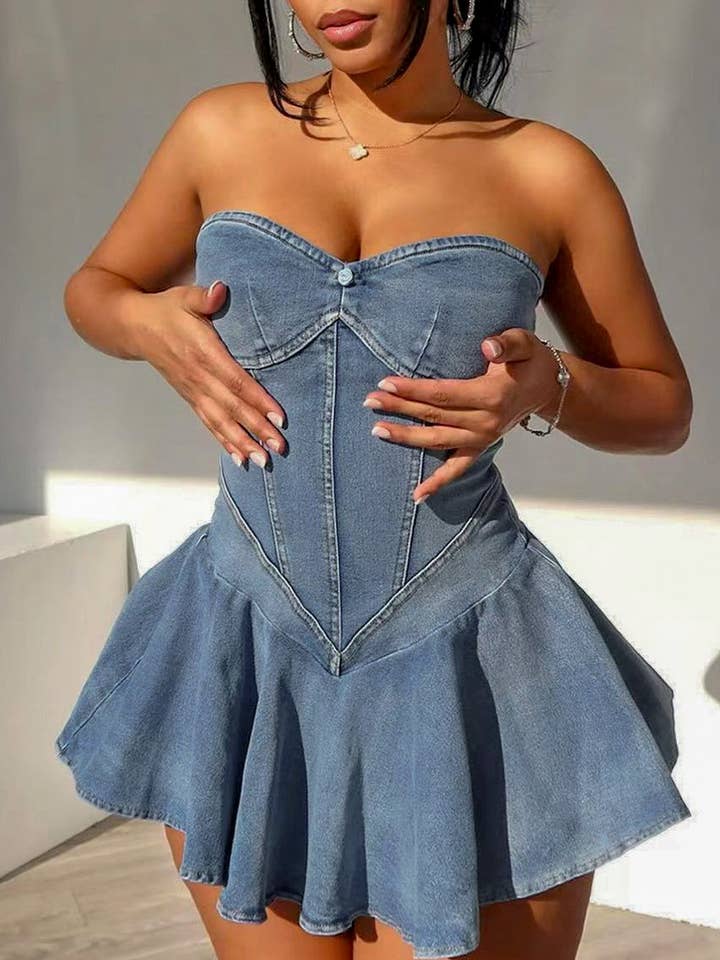 HIDDENBRAND - Wholesale Dress - Women's - Sweetheart Denim Bandeau Corset Pleated mini dress1