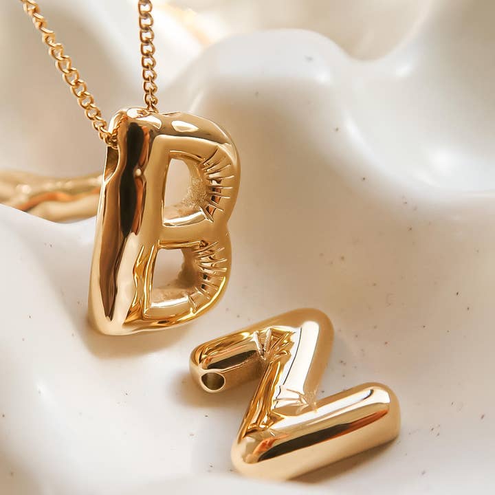 Hayes 18K Gold Non-Tarnish Balloon Alphabet Necklace for wholesale on Faire4