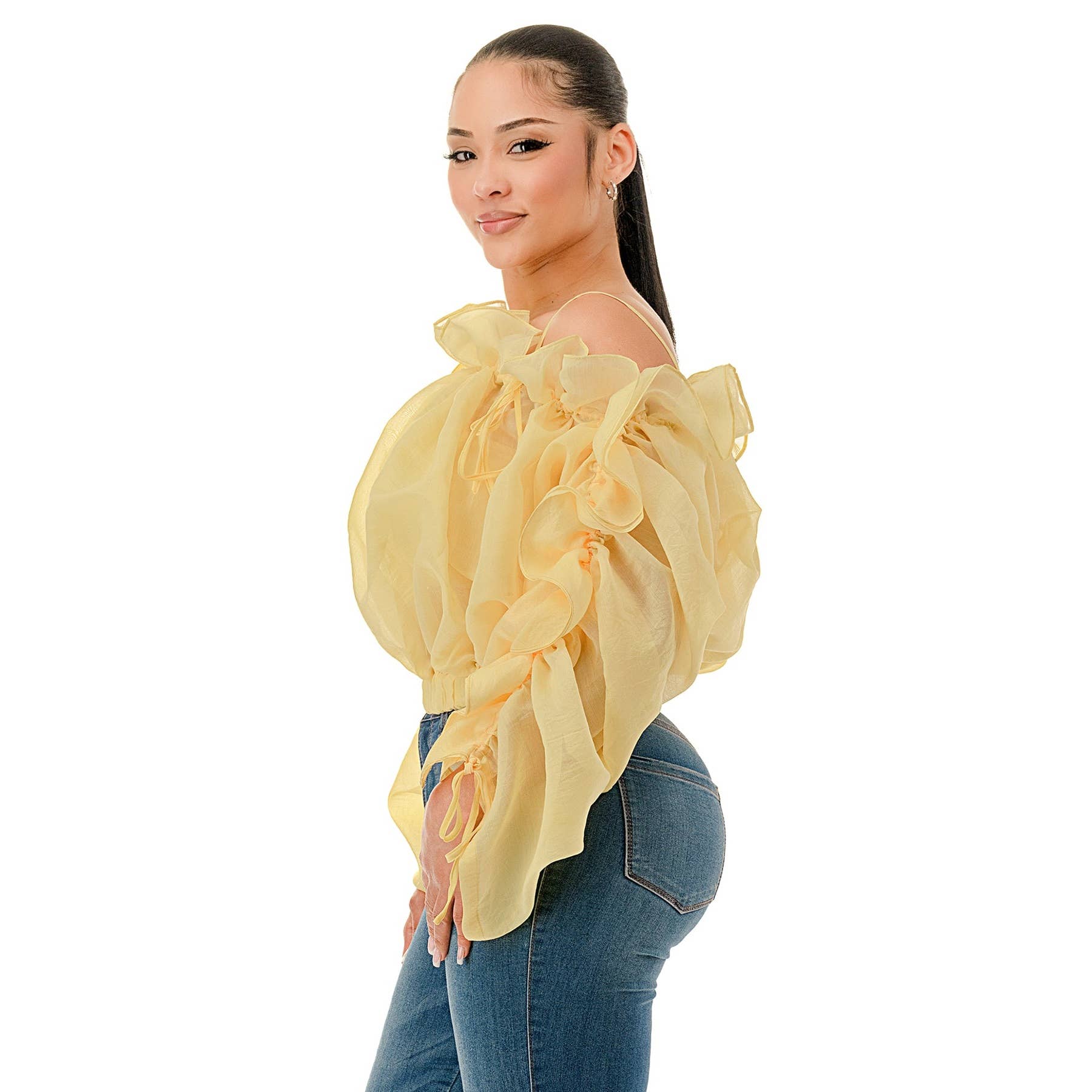 DORCAS - Wholesale Blouse - Women's - Plus Off the Shoulder Long Sleeve Ruffle Sheer Top4