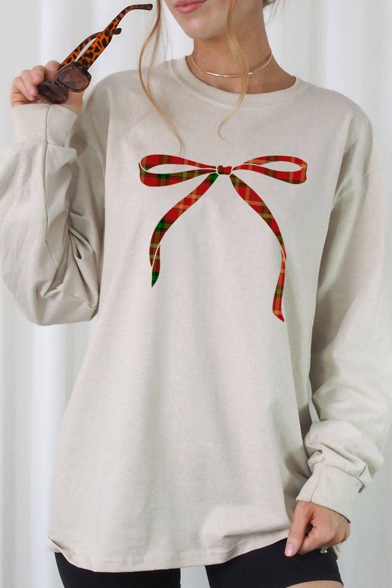 COLORBEAR - Vendita all'ingrosso Maglietta stampata - Donna - Maglietta grafica natalizia a maniche lunghe con fiocco rosso2