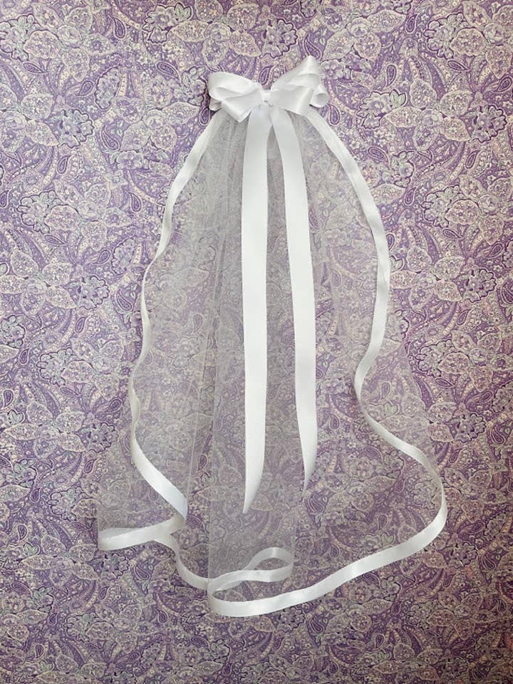 First Communion Veil White 1 Layer, 1" Satin Bow, 9 Trims for wholesale by Lace and Grace Veils