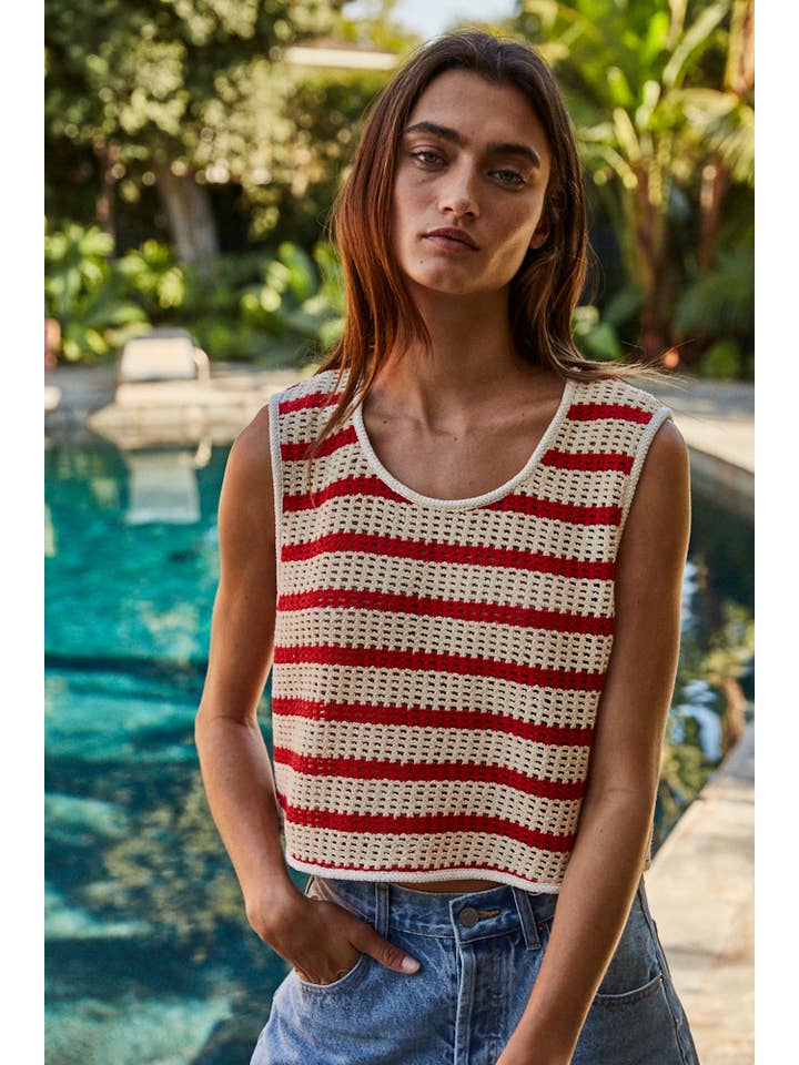 Natural Red L8167 | Knit Cotton Polyester Striped Sleeveless Top for wholesale on Faire