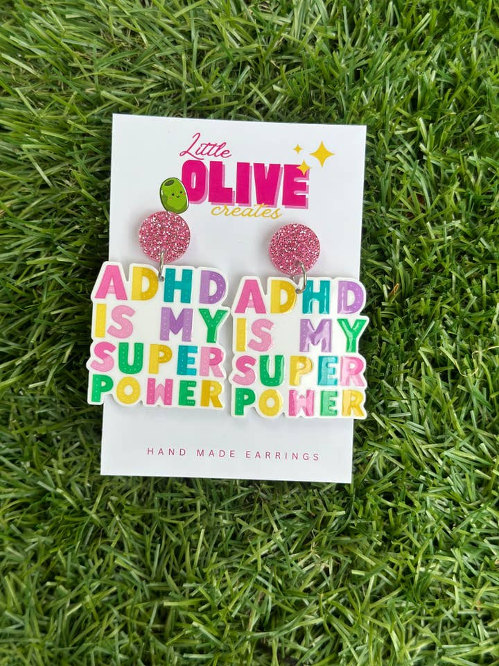 "ADHD is My Superpower" Neurodiversity Awareness Dangle Earrings for wholesale by Little Olive Creates