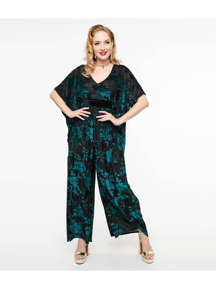 Unique Vintage - Wholesale Jumpsuit - Women's - Unique Vintage 1970s Black & Teal Velvet Floral Burnout Caftan Jumpsuit
