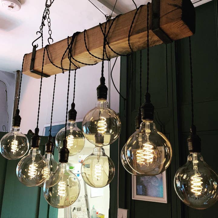 MooBoo Home – wholesale Chandelier/hanging light – Rustic Oak Beam Chandelier with Wrapped Cables and Steel Brackets6