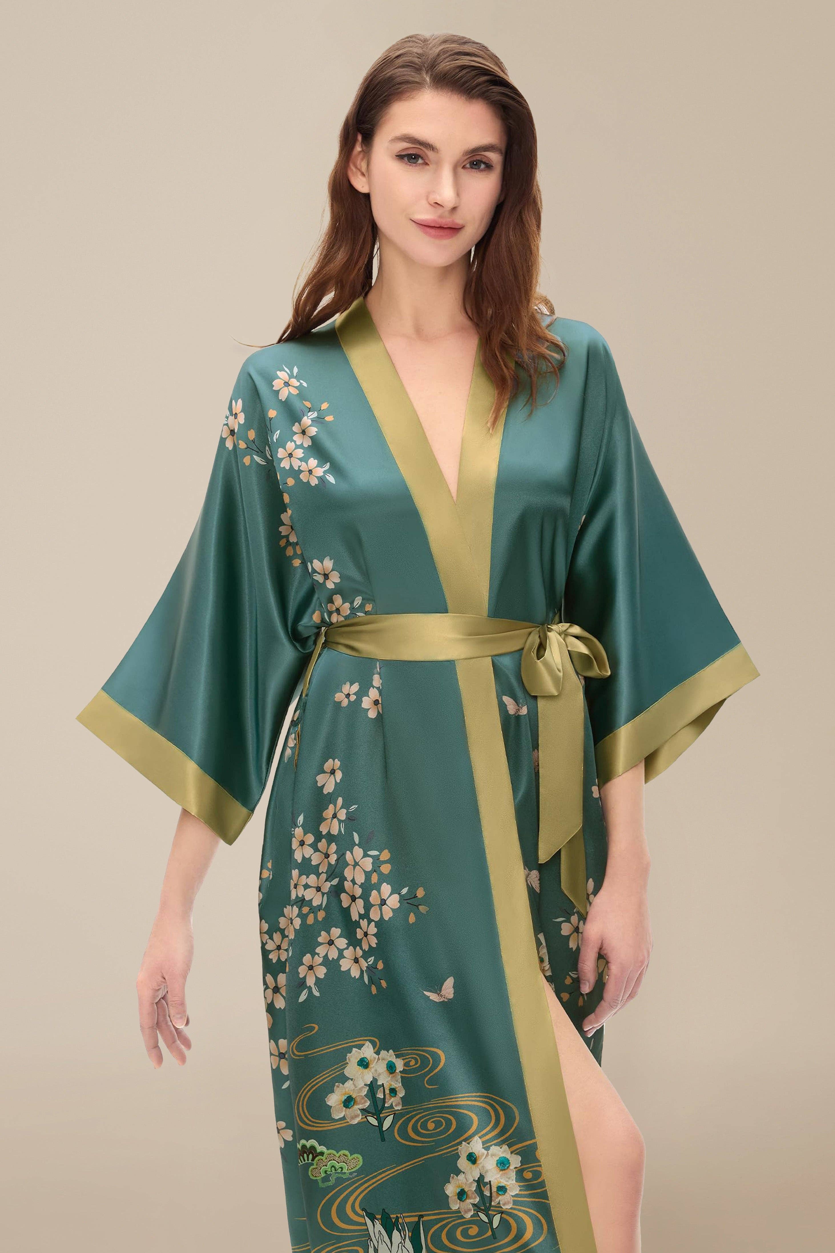 Forest Green Gold Floral Silk-Satin Kimono Robe for wholesale on Faire2