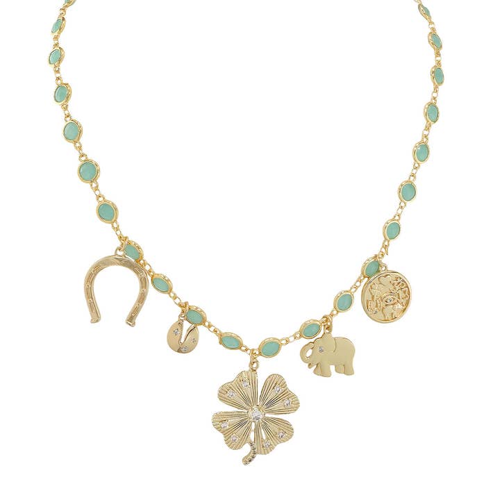 Lori Lucky klavertje‑vier ketting met groene steen voor wholesale door Love, Lisa