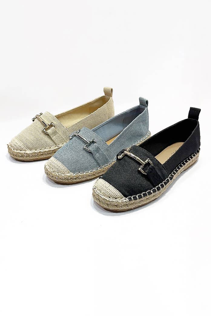 Black CABO METALLIC LINK DETAIL CAP-TOE STYLE ESPADRILLES FLATS for wholesale on Faire