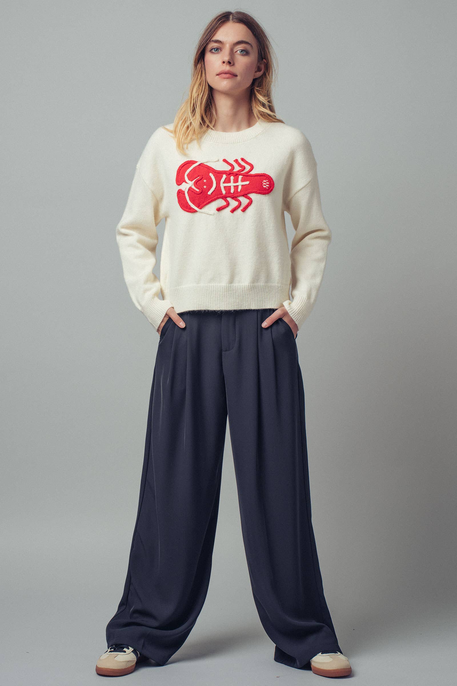 Urban Daizy - Vente Pull en maille – femme - Pull à déclaration nautique avec homard rouge brodé9