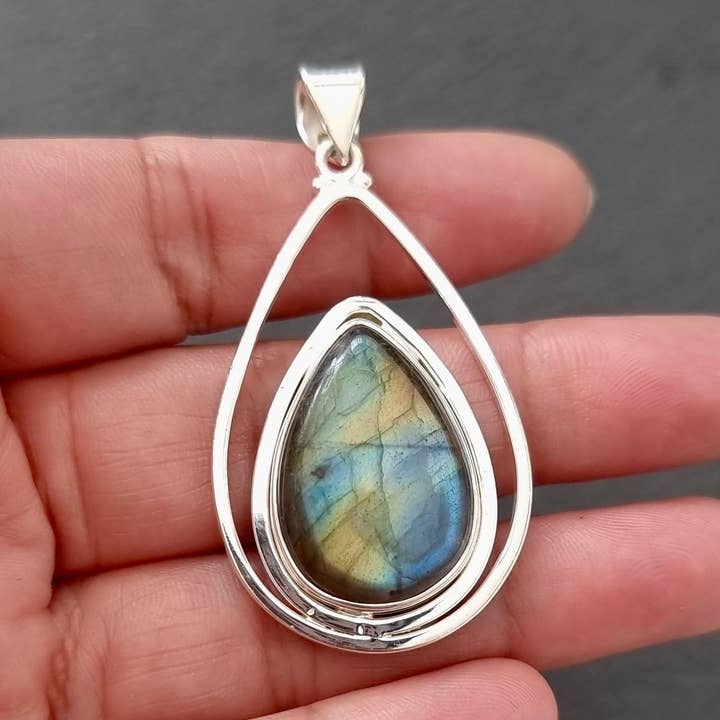 Designer Silver Teardrop Labradorite Pendant | 925 Silver for wholesale by Mistry Gems