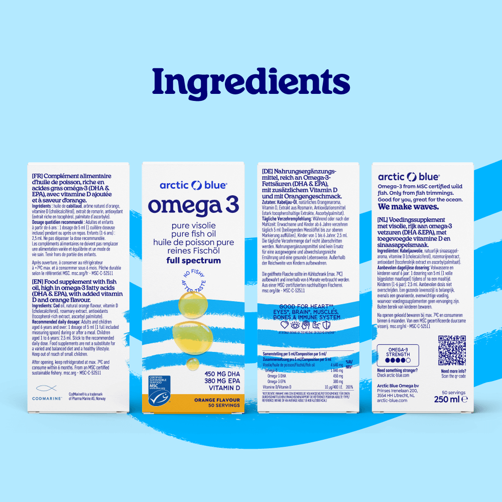 Arctic Blue - Wholesale Oral Supplement/Vitamin - DHA and EPA Fish Oil with Vitamin D3 (Orange Flavour) - MSC1