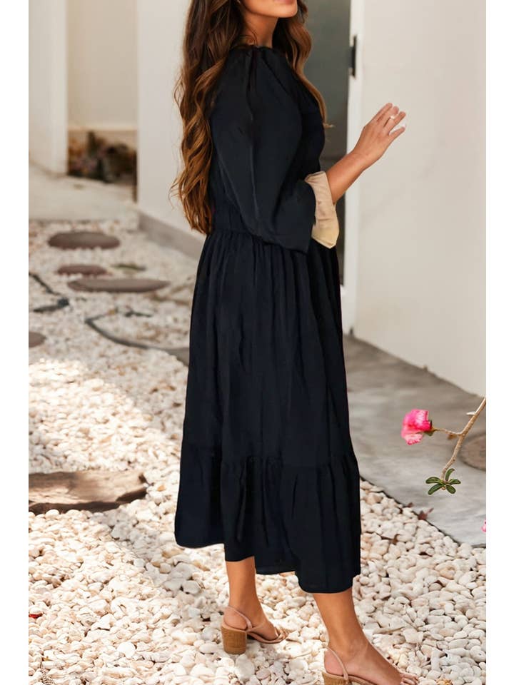 Black LDC Solid Color Patchwork Leopard Print Detail Dress for wholesale on Faire2