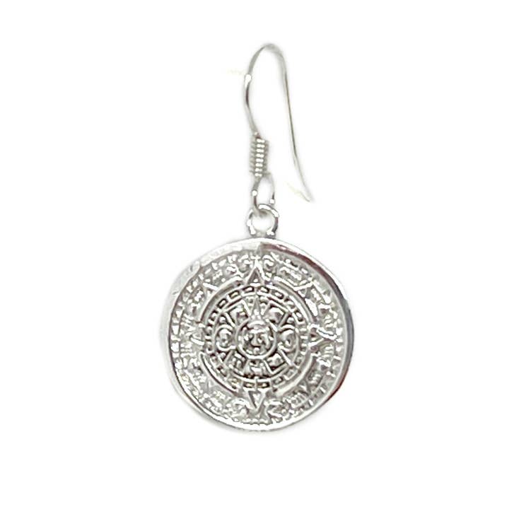 Global Crafts - Wholesale Dangle Earrings - Mexican Taxco Alpaca Silver Aztec Calendar Dangle Earrings