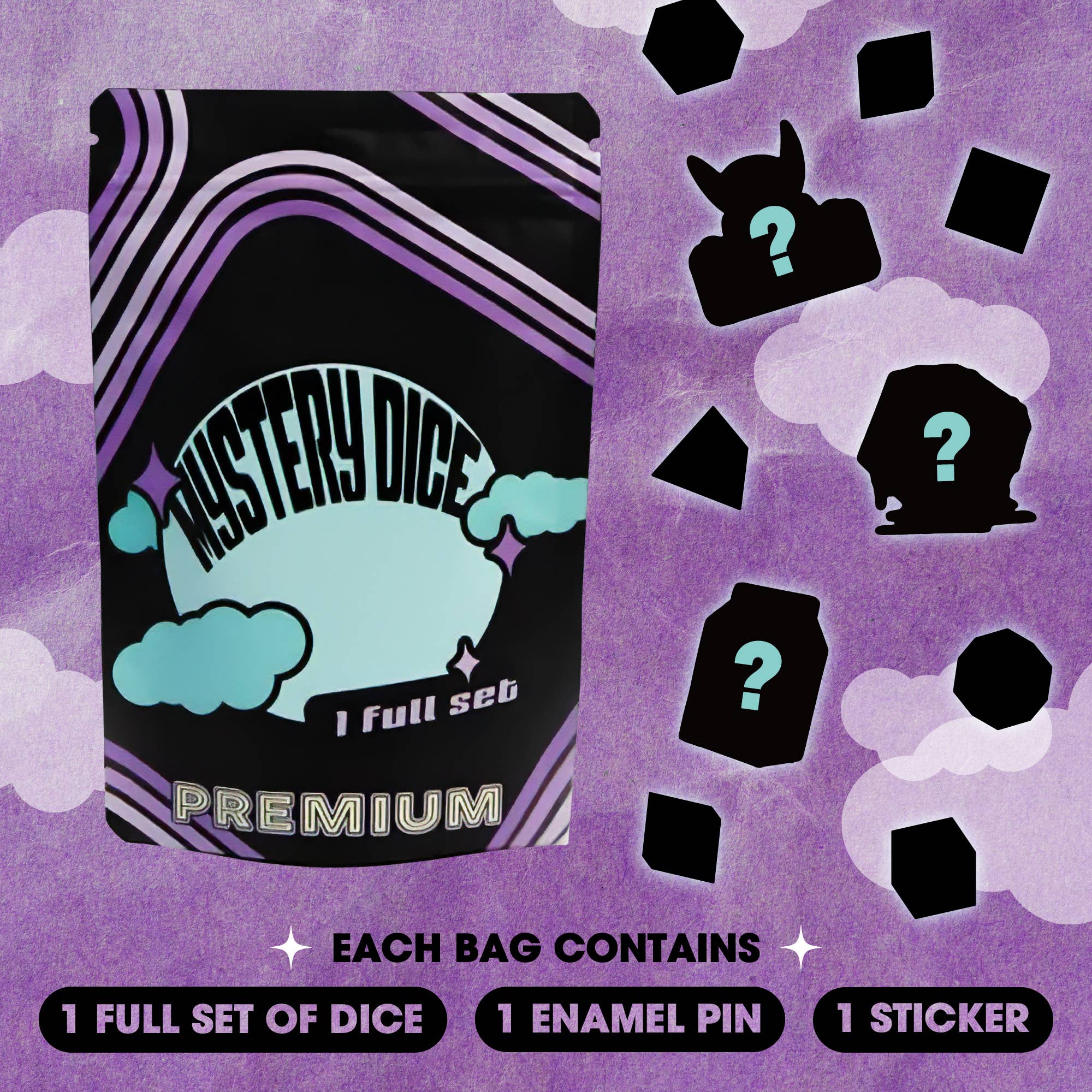 1985 Games - Vente Dé - Dés mystère premium - 7 dés polyédriques avec pin's et autocollant 1985 Games1