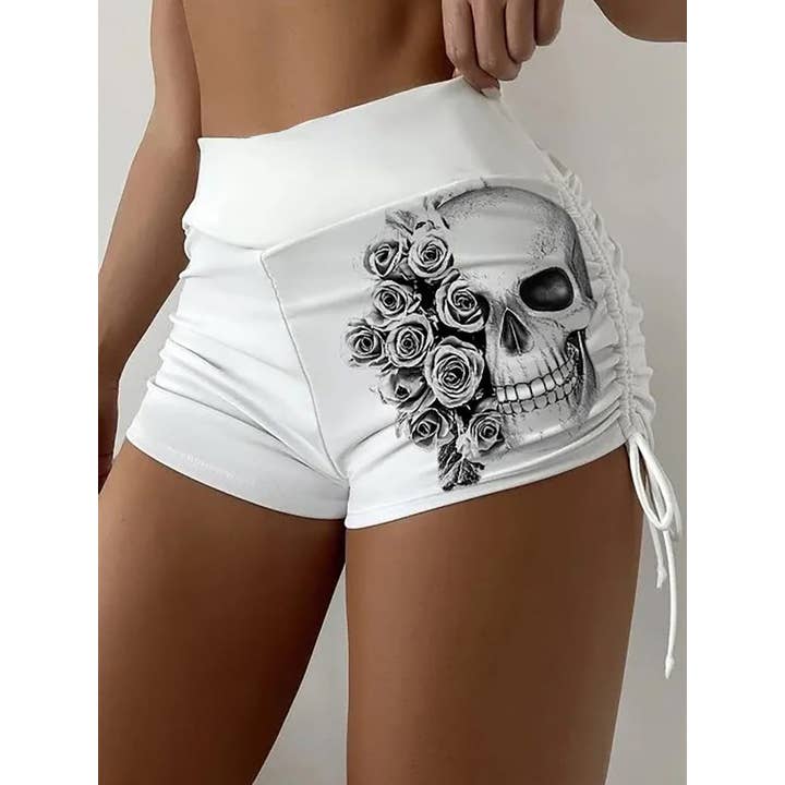 White Skull Drawstring Side Yoga Shorts for wholesale by Tourtiwi