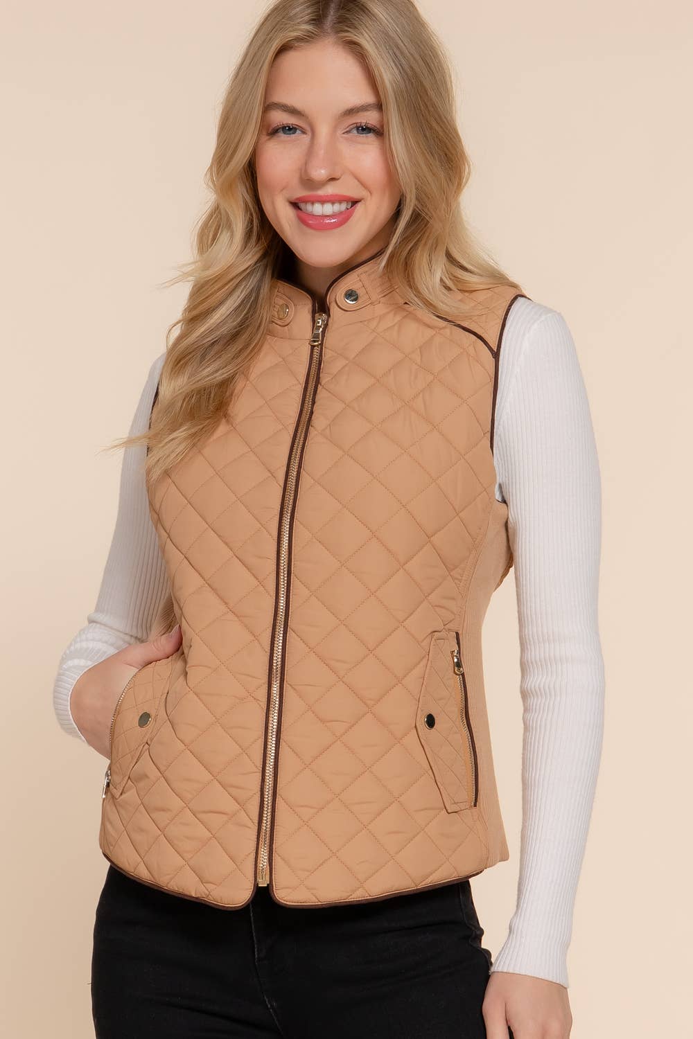 Active Basic | Active USA - Wholesale Outerwear Vest - Women's - Suede Piping Detail Rib Quilted Padding Vest29