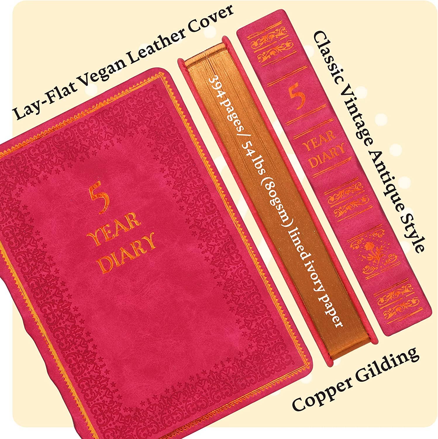 Victoria's Journals – Großhandel Tagebuch – 5-Jahres-Tagebuch im Vintage-Stil — veganer Ledereinband, 11,4 x 15,2 cm (Rot)3