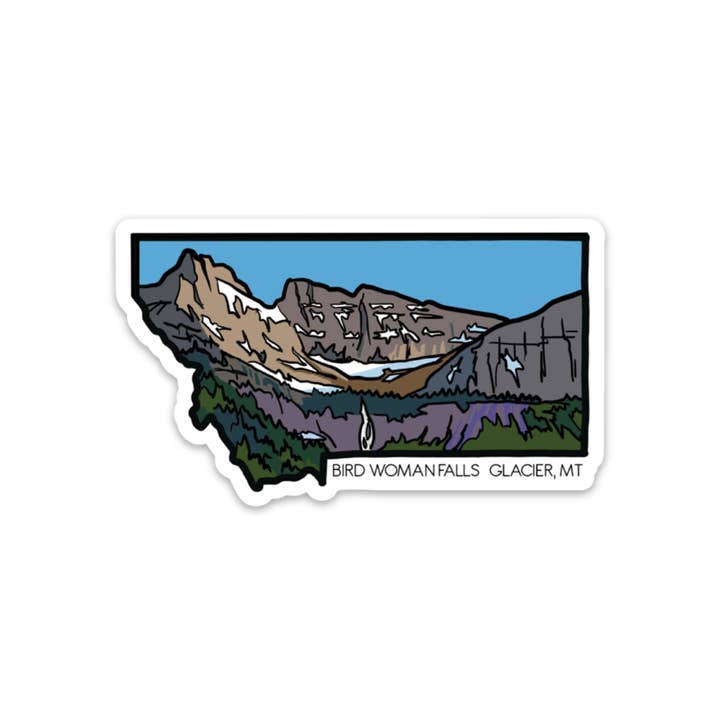Birdwoman Falls, Glaciär nationalpark, Montana klistermärke för wholesale av Corvidae drawings & designs