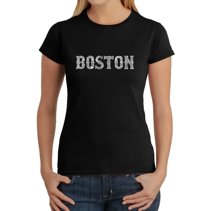 LA Pop Art Women's Word Art T-Shirt - BOSTON NEIGHBORHOODS for wholesale by LA Pop Art