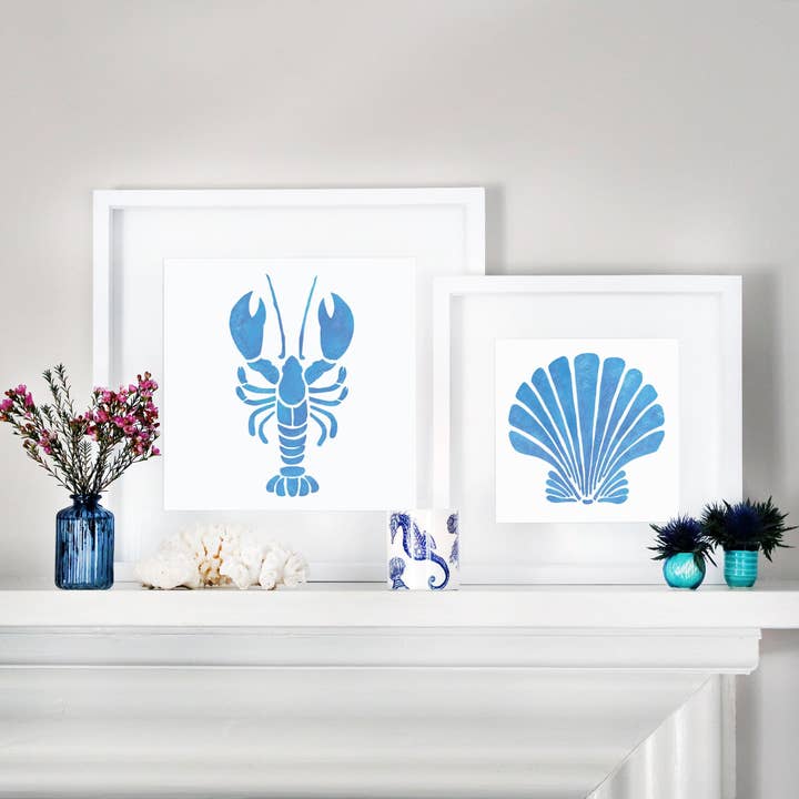 Cream Cornwall - Vendita all'ingrosso Stampa artistica - Stampa d'Arte con Conchiglia a Ventaglio Blu Fistral – Montata in Due Dimensioni