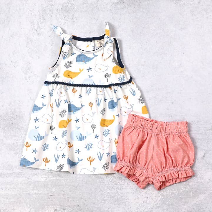 Vestido de bebé con lazo en los hombros de Ocean Whales y bombero (orgánico) para venta al por mayor de Viverano Organics