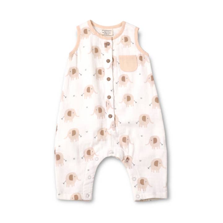 Elephant Sleeveless Button Baby Jumpsuit (Organic Muslin) for wholesale by Viverano Organics