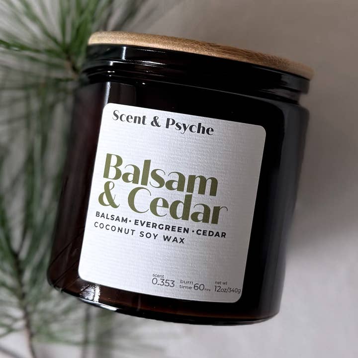 Balsam & Cedar Wood Wick Candle - 12oz Amber Jar for wholesale by Scent & Psyche
