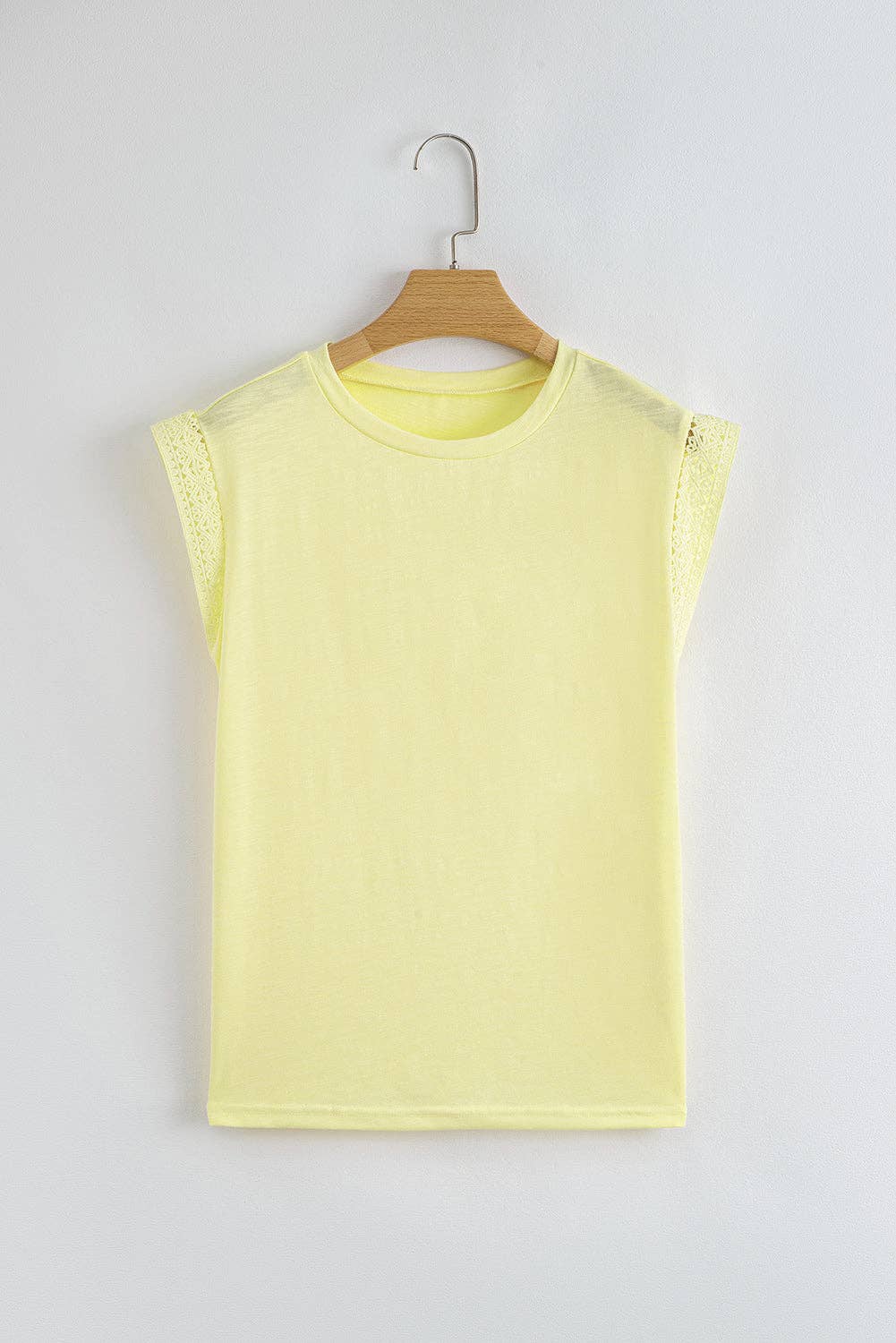 Yellow Cream Lace Patchwork Cap Sleeve Round Neck T Shirt for wholesale on Faire8