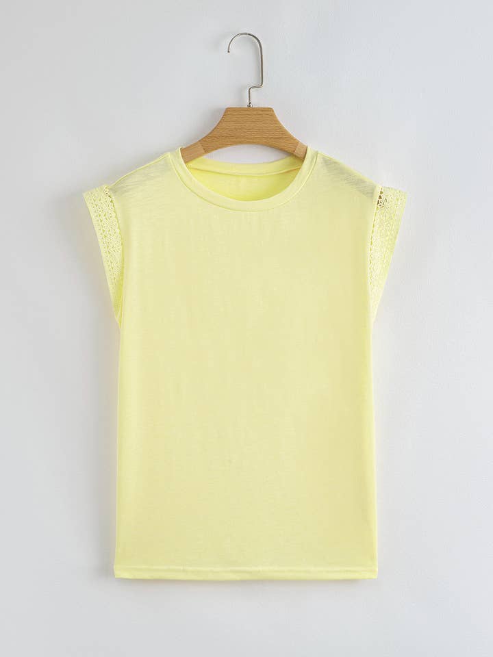Yellow Cream Lace Patchwork Cap Sleeve Round Neck T Shirt for wholesale on Faire8