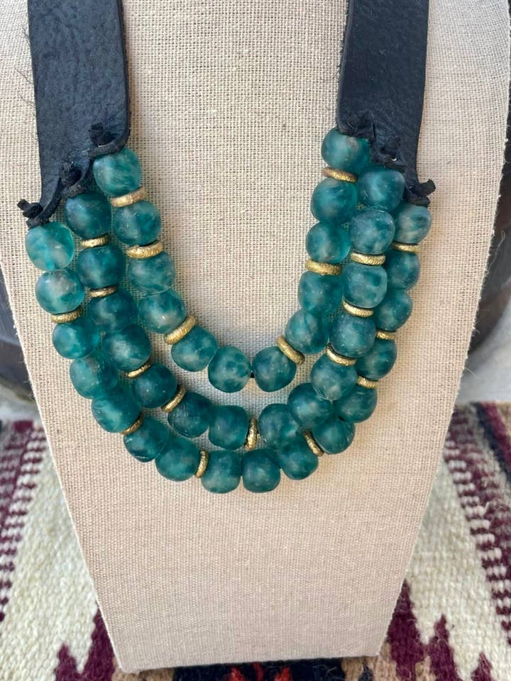 Handmade Recycled Glass 3 Strand Blue Beaded Necklace for wholesale by Nizhonitradersllc