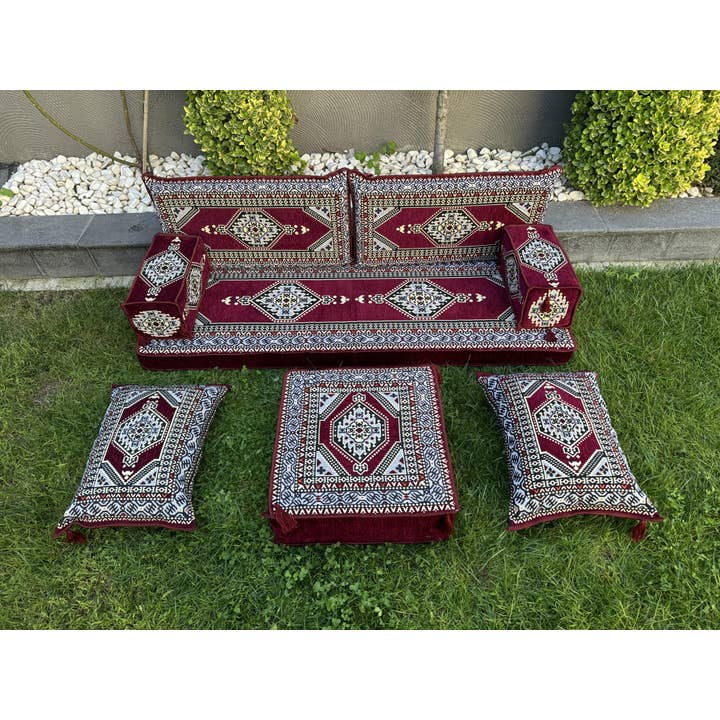 The Loom Wholesale - Wholesale Bank - Handgemaakte Vloerzitbank Set - Traditionele Ottomaanse Poef16