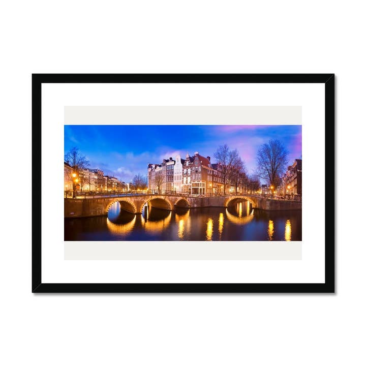 Panoramic image of Amsterdam at dusk Framed & Mounted Print for wholesale by Sorbey