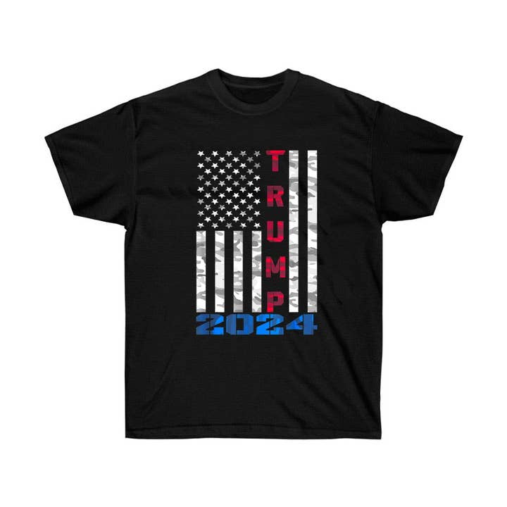 American Flag Trump 2024 Camo Pattern Black T-Shirt for wholesale by Luluizy Designs Co.