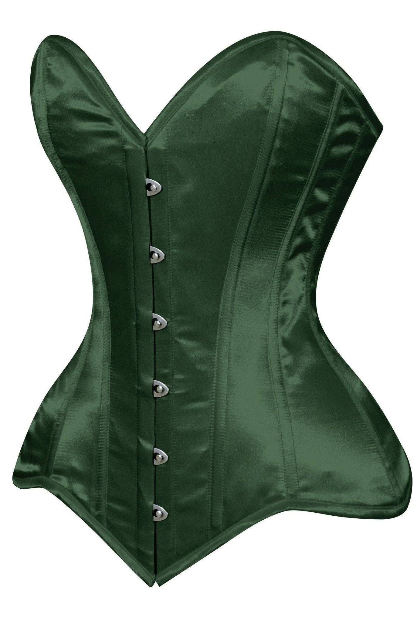 Daisy Corsets - Vendita all'ingrosso Corsetto - Donna - Corsetto Overbust in Raso Verde Scuro Sontuoso con Scollo a Cuore e Chiusura a Busk1