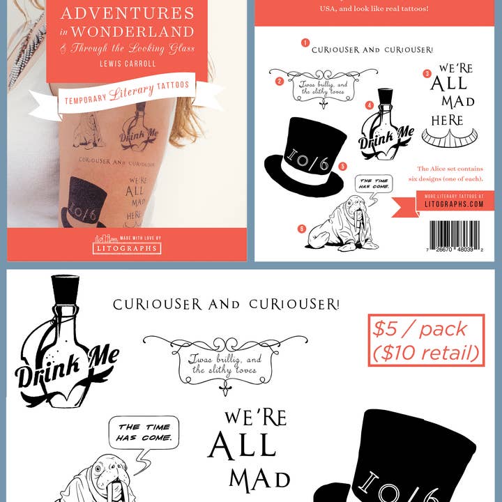 Litographs - Vente Tatouages temporaires - Alice Adventures au pays des merveilles - Pack de tatouage (6 designs)
