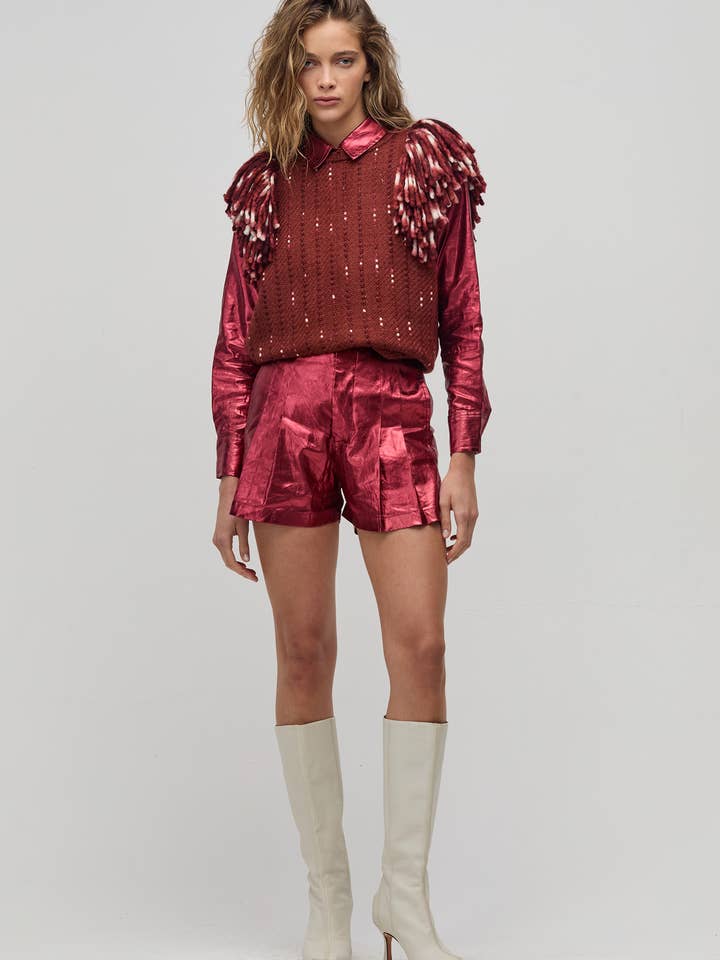 Frida Metallic Linen Shorts - Cherry Red for wholesale by Lanhtropy