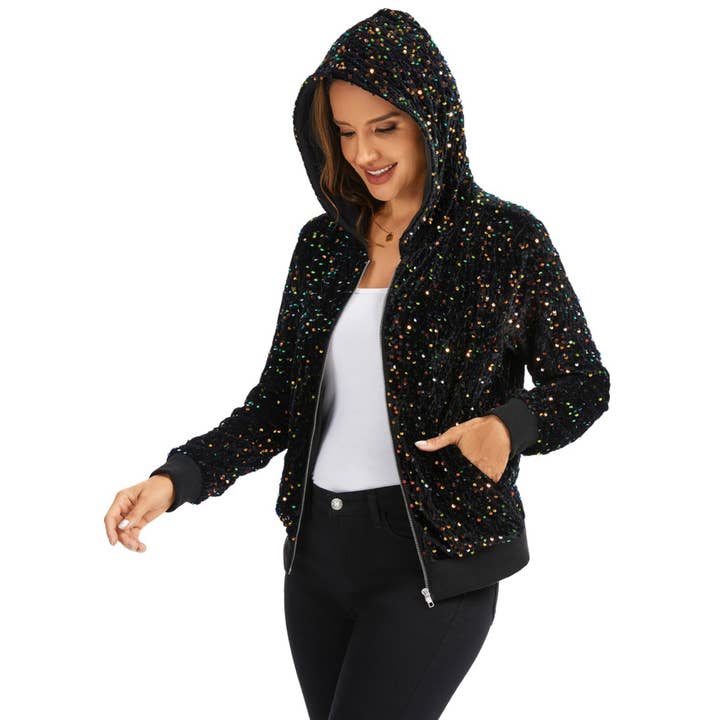 Anna Kaci Wholesale - Wholesale Jacket - Women's - Hooded Sequin Jacket with Front Zipper Closure and Ribbed Trim32